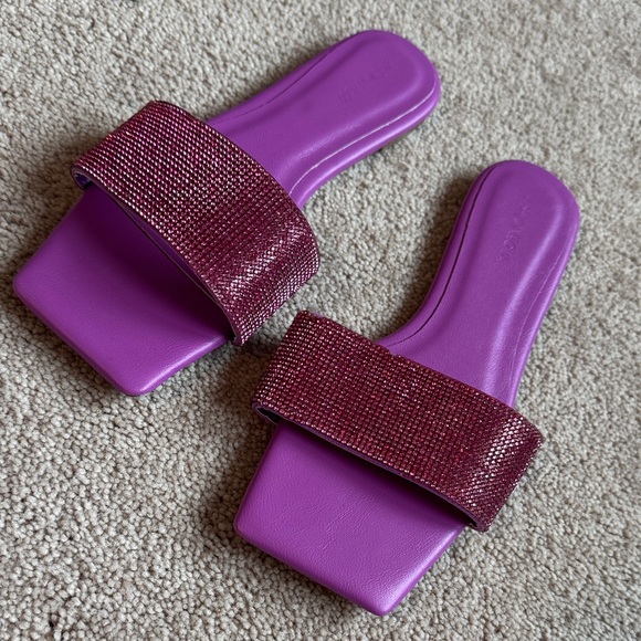 Shoes - Women's Purple Slide Sandals with Embellished Strap